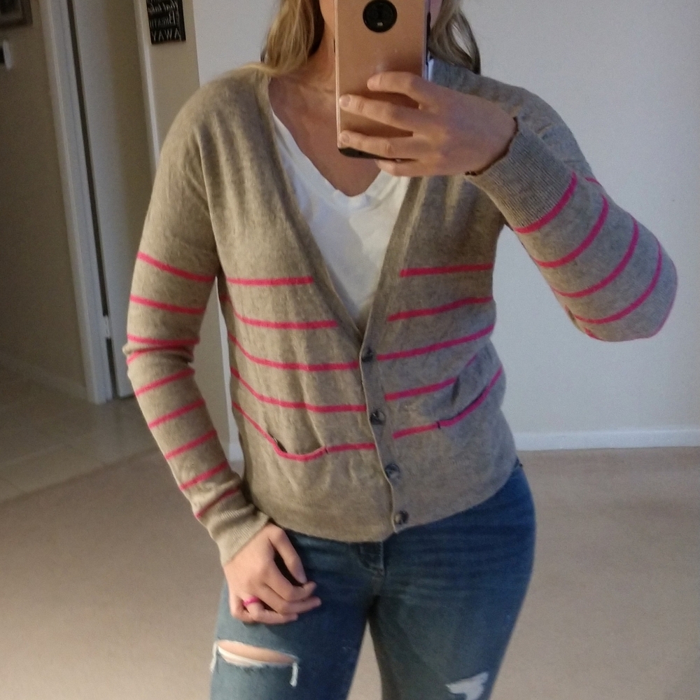 AE Brown & Hot Pink Striped Wool Blend Cardigan Large